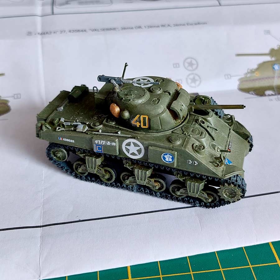 Char Americain Sherman M4 monté, peint et effets de vieillissements